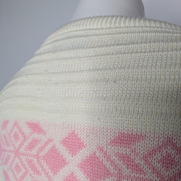 Vintage White Pink Blue Striped Snowflake Long Sleeve Wool Blend Sweater M/L - Picture 5 of 8